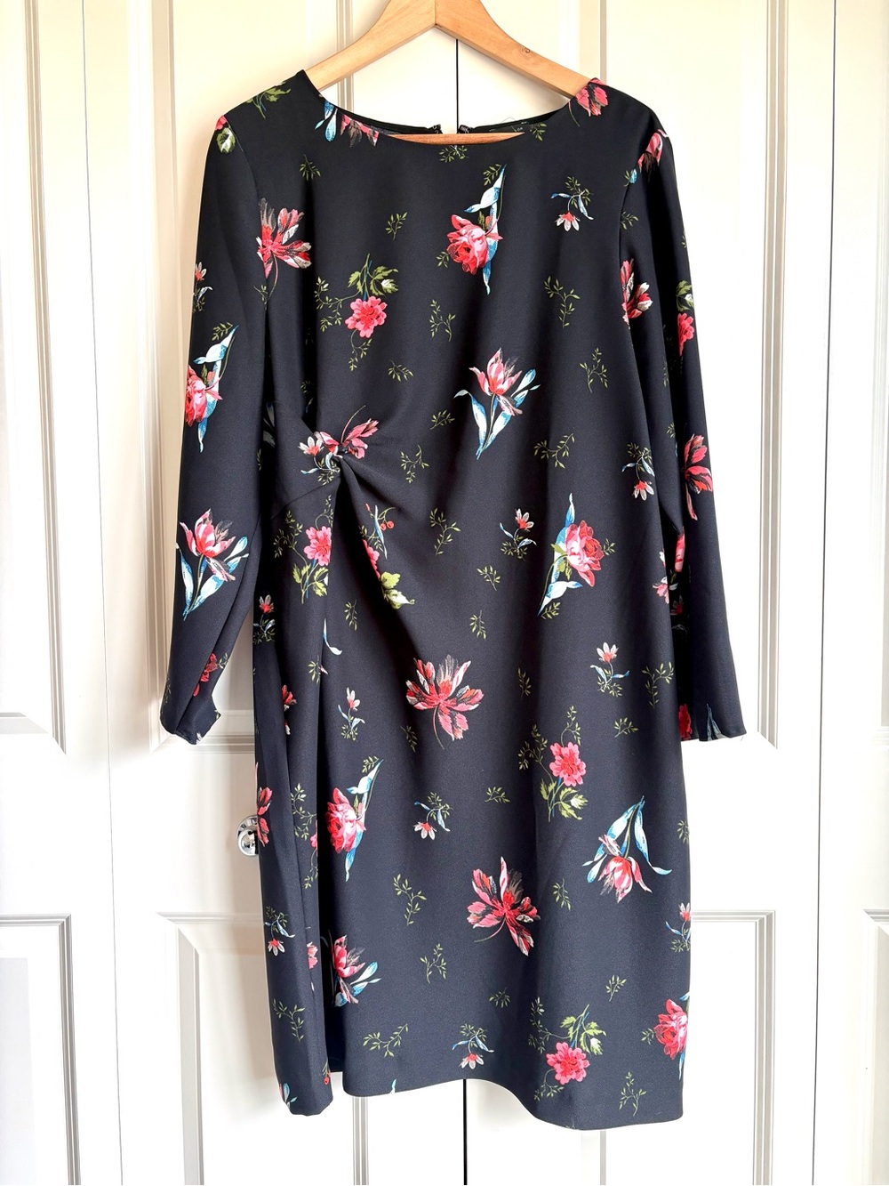 Ann Taylor Black Floral Print 3/4 Sleeve Side Knot Midi Shift Dress size 16